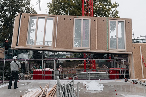 Vorfertigtes Holzbau-Wandmodul mit Fenstern beim Einbau