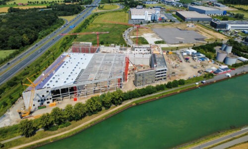 Drohnenaufnahme über der Bustelle Batterieforschung Münster