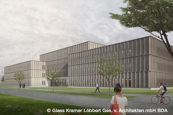 Architektur-Visualisierung des Neubaus des Bundesamt für Strahlenschutz mit vertikaler Fassadenstruktur und Grünflächen